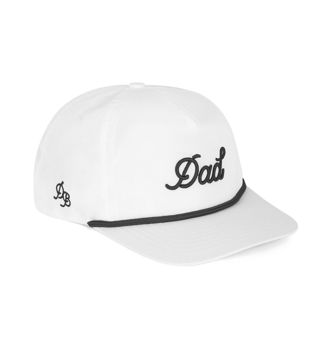Dad Rope Hat – White 5-panel snapback rope dad hat with puff 3D embroidered logo, lightweight and comfortable gift for dads