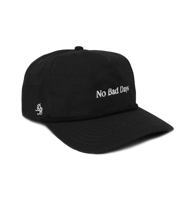 No Bad Days Rope Hat – Black 5-panel ripstop snapback dad hat with embroidered logo and rope detail, lightweight and comfortable dad gift