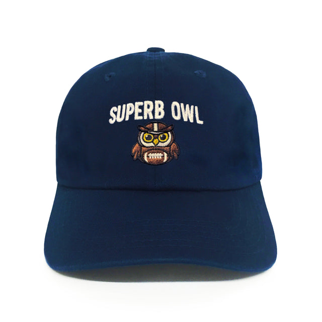 Superb Owl embroidered dad hat navy blue with owl football design from Dad Brand