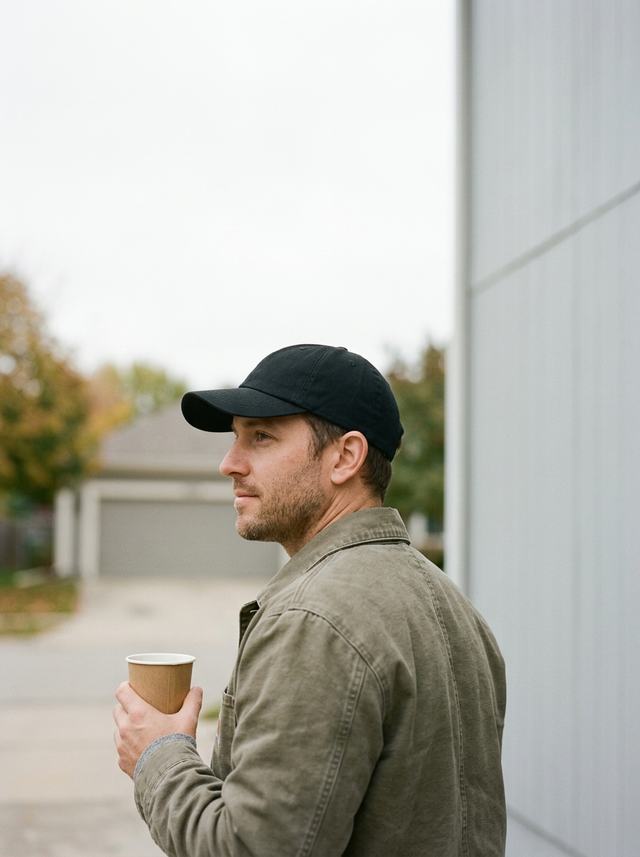 A man in profile wearing a black baseball cap and an olive green jacket, holding a paper coffee cup outdoors next to a modern white building.