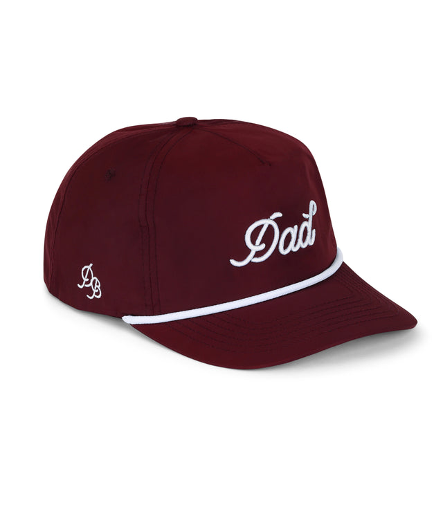 Dad Rope Hat – burgundy 5-panel snapback rope dad hat in burgundy with white rope detail and 3D embroidered Dad logo, lightweight gift for dads