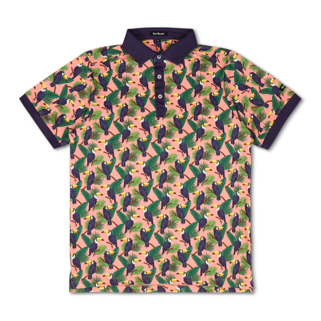 Toco Polo – Coral and navy tropical toucan golf polo shirt for dads. Lightweight and stylish dad gift by Dad Brand.