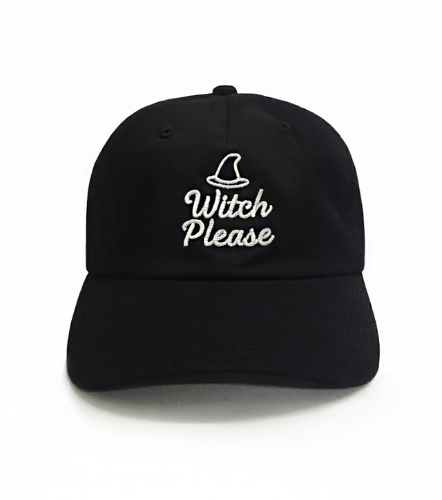 Witch Please Dad Hat – Black embroidered 6-panel dad hat with witch design. Funny Halloween hat & best gift for dads with dad jokes.