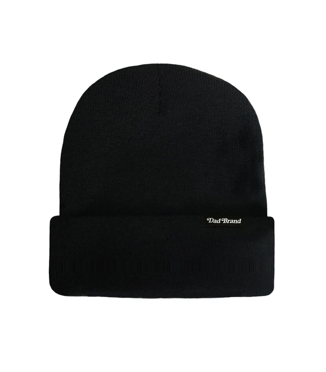 Sewn Tag Beanie – Black acrylic beanie hat with sewn Dad Brand tag. Funny dad hat & perfect beanie gift for dads with great dad jokes.