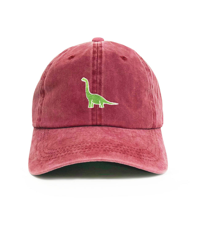 Dinosaur Dad Hat – Washed red 6-panel embroidered hat with green dinosaur design. Funny dad gift by Dad Brand.