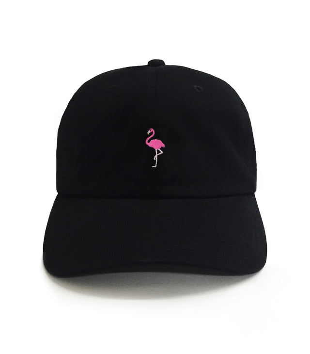 Flamingo Dad Hat – black 6-panel embroidered cotton hat with pink flamingo drawing design, funny dad gift, casual golf hat