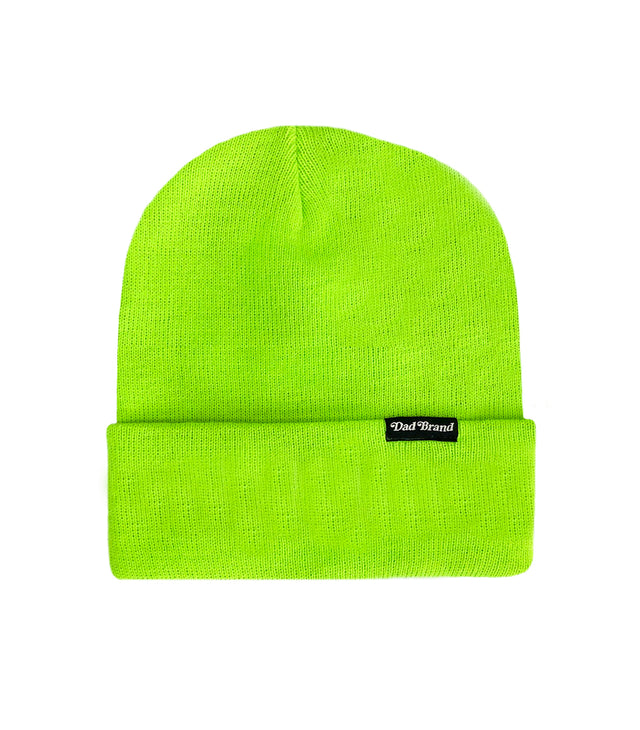 Sewn Tag Beanie – Lime green acrylic beanie hat with sewn Dad Brand tag. Funny dad hat & perfect beanie gift for dads with great dad jokes.