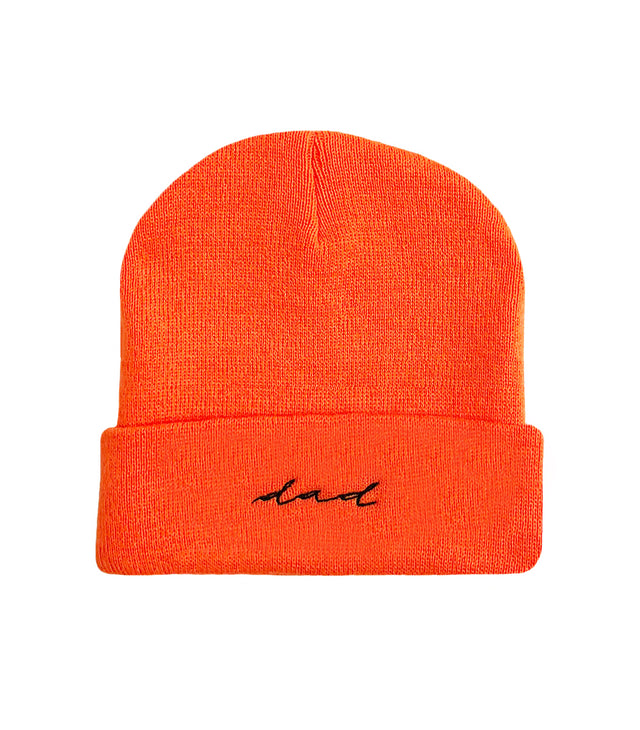 OG Dad Beanie – Safety orange acrylic beanie hat with embroidered cursive “dad.” Funny dad hat & cool gift for dads who love dad jokes.