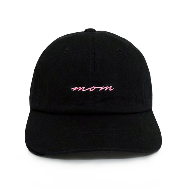 OG Mom Hat – Black embroidered mom hat with pink cursive stitching. A cool mom gift and classic 6-panel family hat from Dad Brand.