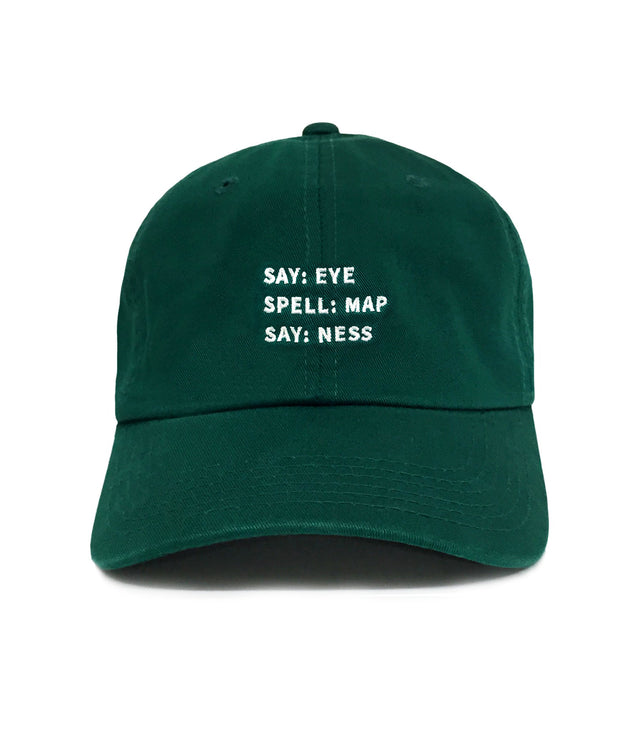 I-M-A-P-NESS Dad Hat – Forest green 6-panel cotton embroidered hat with funny meme text. Perfect golf hat & dad gift.