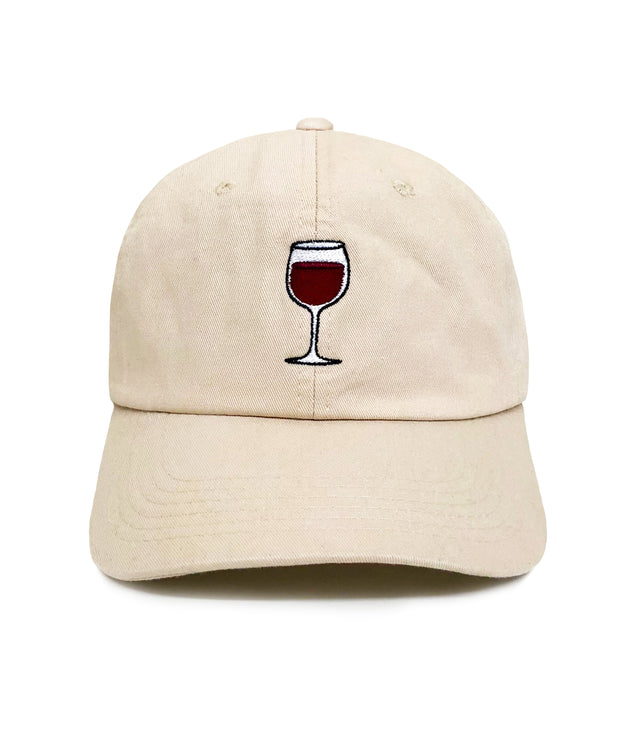 Wine Dad Hat – sand-tan 6-panel embroidered dad hat with red wine glass design, adjustable strap, funny gift for dads and wine lovers