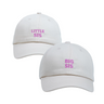 Big Sis & Little Sis Hat Bundle – Matching embroidered kids hats in light cream with pink stitching. A sister keepsake gift from Dad Brand.