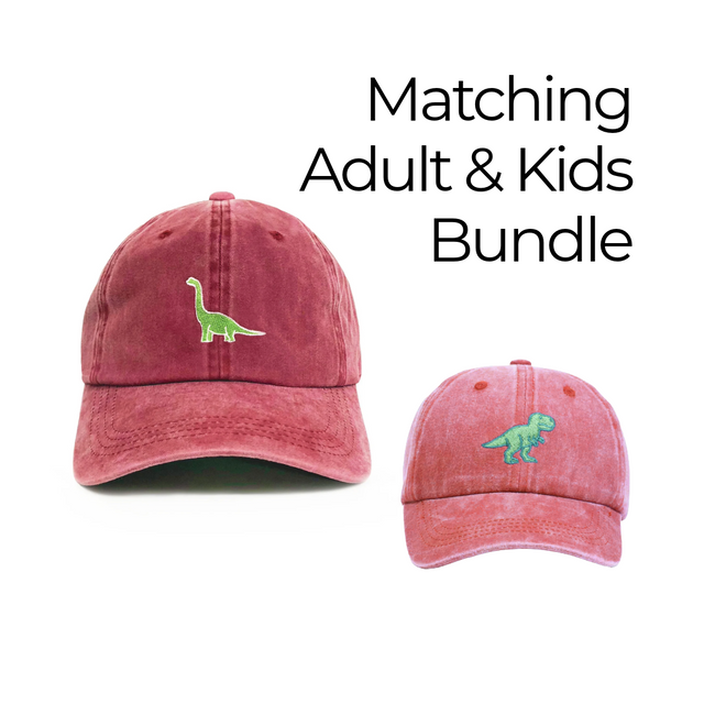 Matching dinosaur hat bundle with Dinosaur Dad Hat and T-Rex kids hat for parents and kids who love fun dinosaur style.