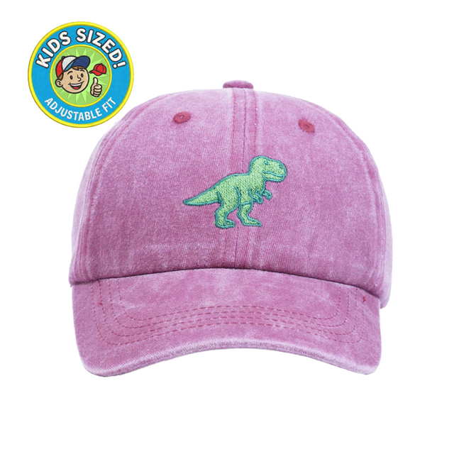 T-Rex Kid’s Hat – Red dyed embroidered dinosaur cap for kids with green T-Rex design. A fun, comfortable gift for young dinosaur lovers from Dad Brand.