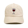 Wine Dad Hat – sand-tan 6-panel embroidered dad hat with red wine glass design, adjustable strap, funny gift for dads and wine lovers